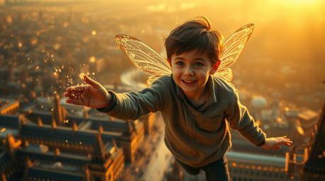 A young boy, imbued with pixie dust, soars above the iconic London skyline. The scene is bathed in a warm, golden glow, rende