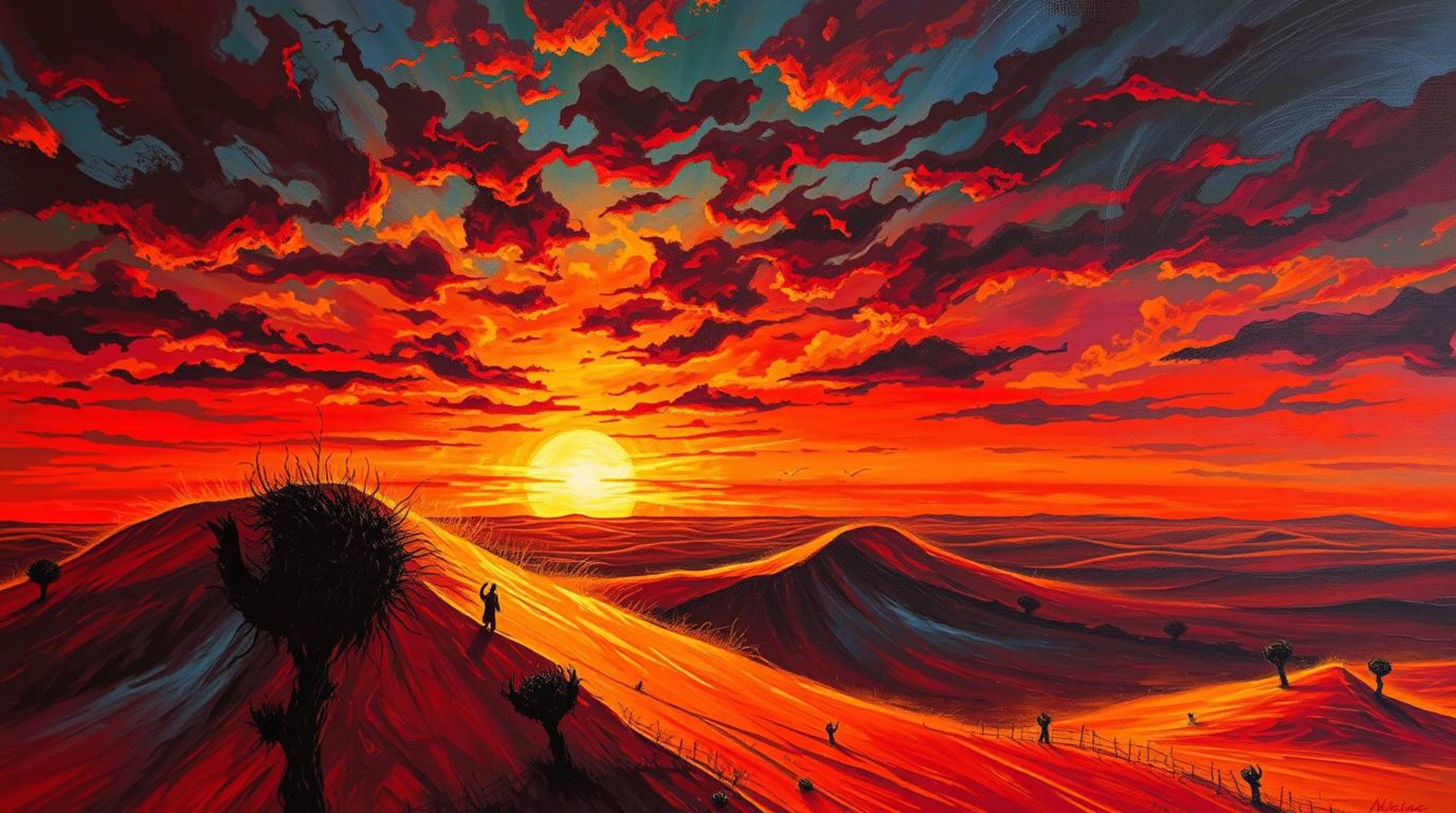A captivating acrylic painting depicts a bold sunset at the edge of a desert, featuring golden dunes. The artwork masterfully