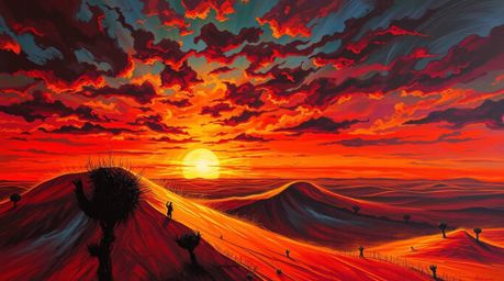 A captivating acrylic painting depicts a bold sunset at the edge of a desert, featuring golden dunes. The artwork masterfully