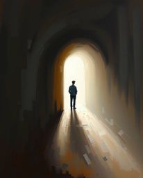This classic oil painting depicts a solitary figure standing at the edge of a tunnel, their gaze fixed on a distant light. Th