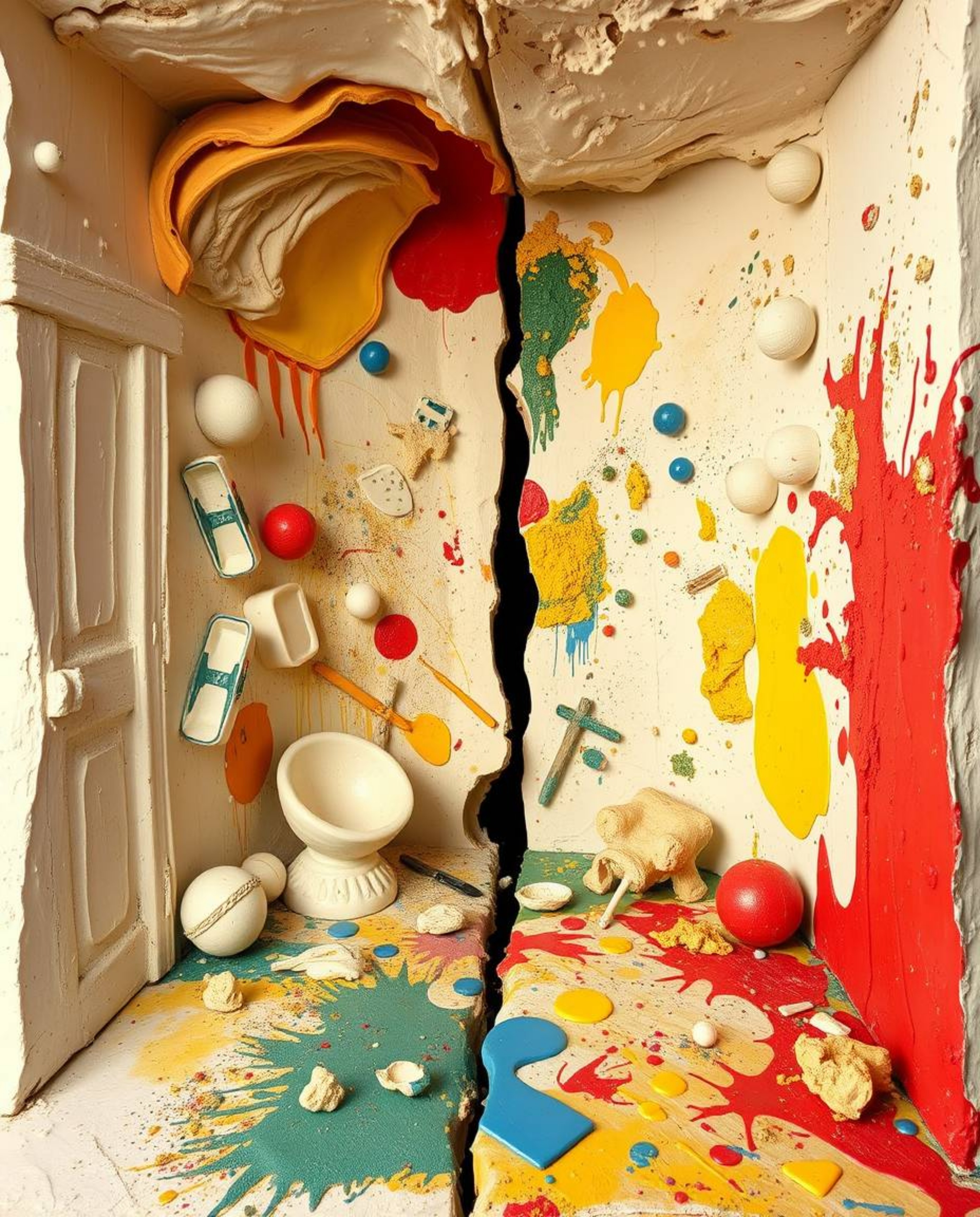 This distinct split sculptural clay art piece captures a dynamic scene of a room exploding with paint. The artwork features m