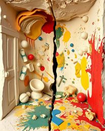 This distinct split sculptural clay art piece captures a dynamic scene of a room exploding with paint. The artwork features m