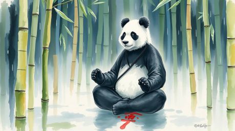 This delicate watercolor painting captures a martial artist panda in deep meditation within a lush bamboo forest during a rai