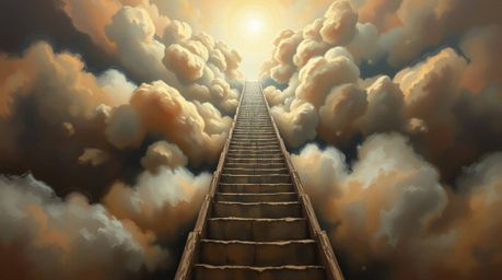 A captivating oil painting depicting a surreal stairway ascending through smoky clouds towards a celestial light, symbolizing