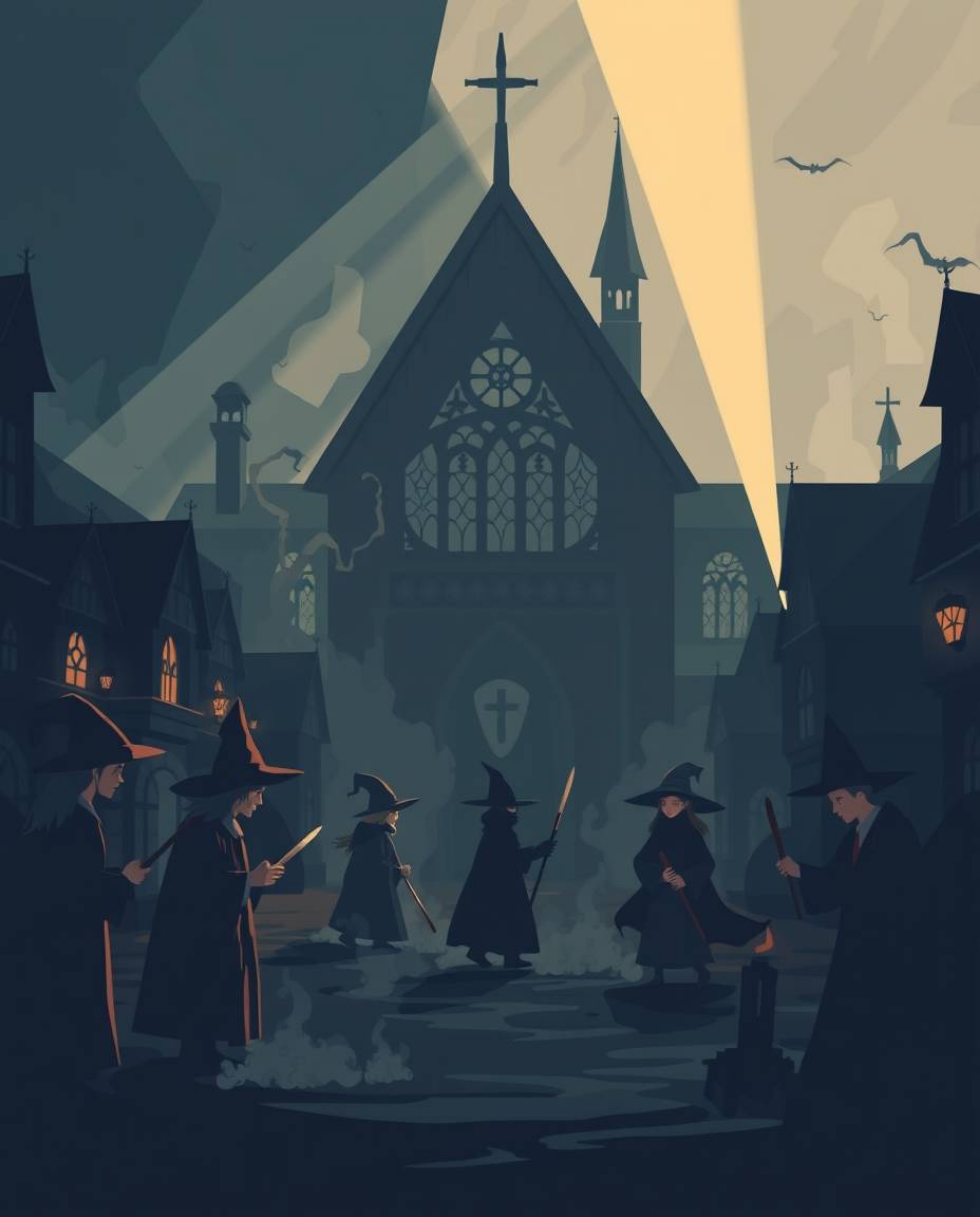 Discover a captivating illustration of a magical school brimming with young wizards.  This eerie, yet stylish flat design uti