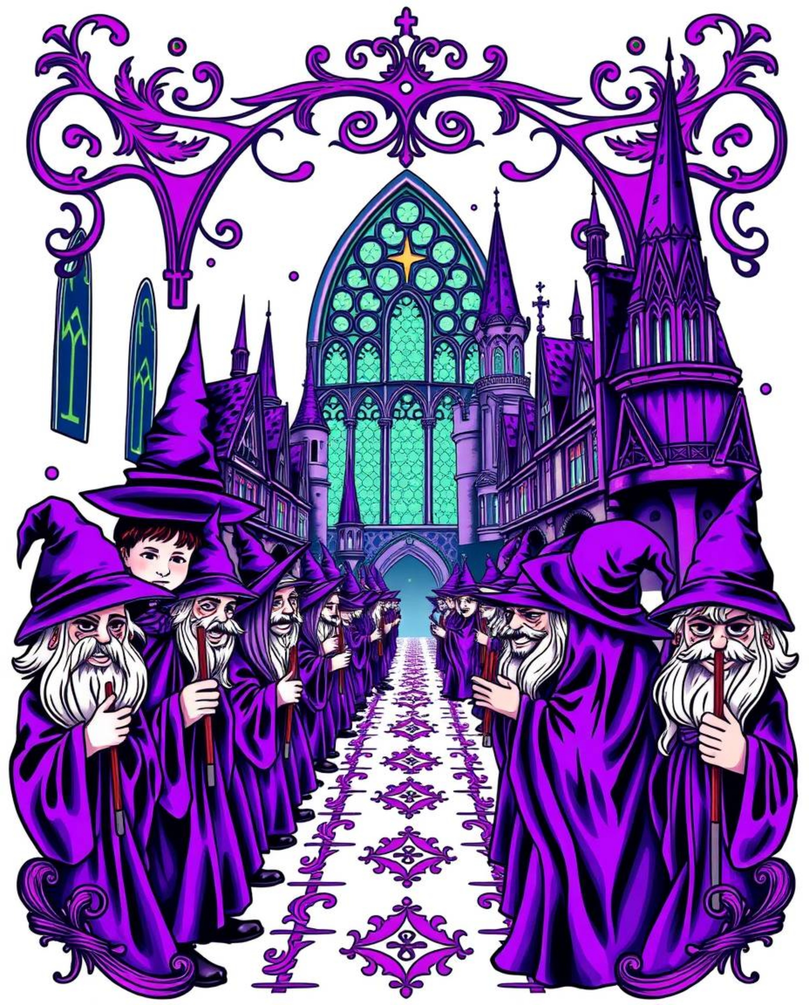 Discover a captivating traditional tattoo art print depicting a magical school brimming with young wizards.  The design featu