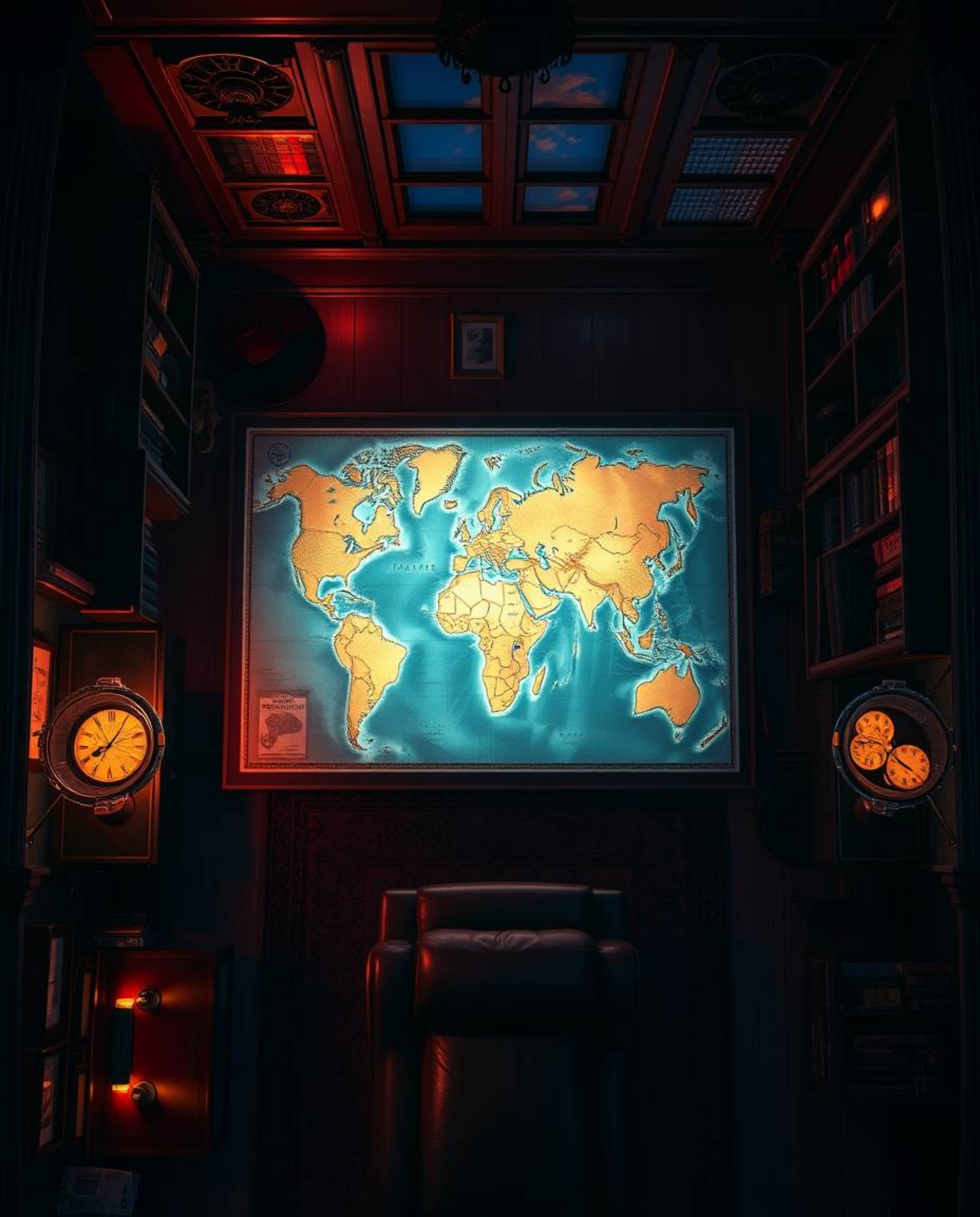An overhead shot reveals a glowing map projected onto a surface in a sophisticated old study.  Rich burgundy and deep blue to