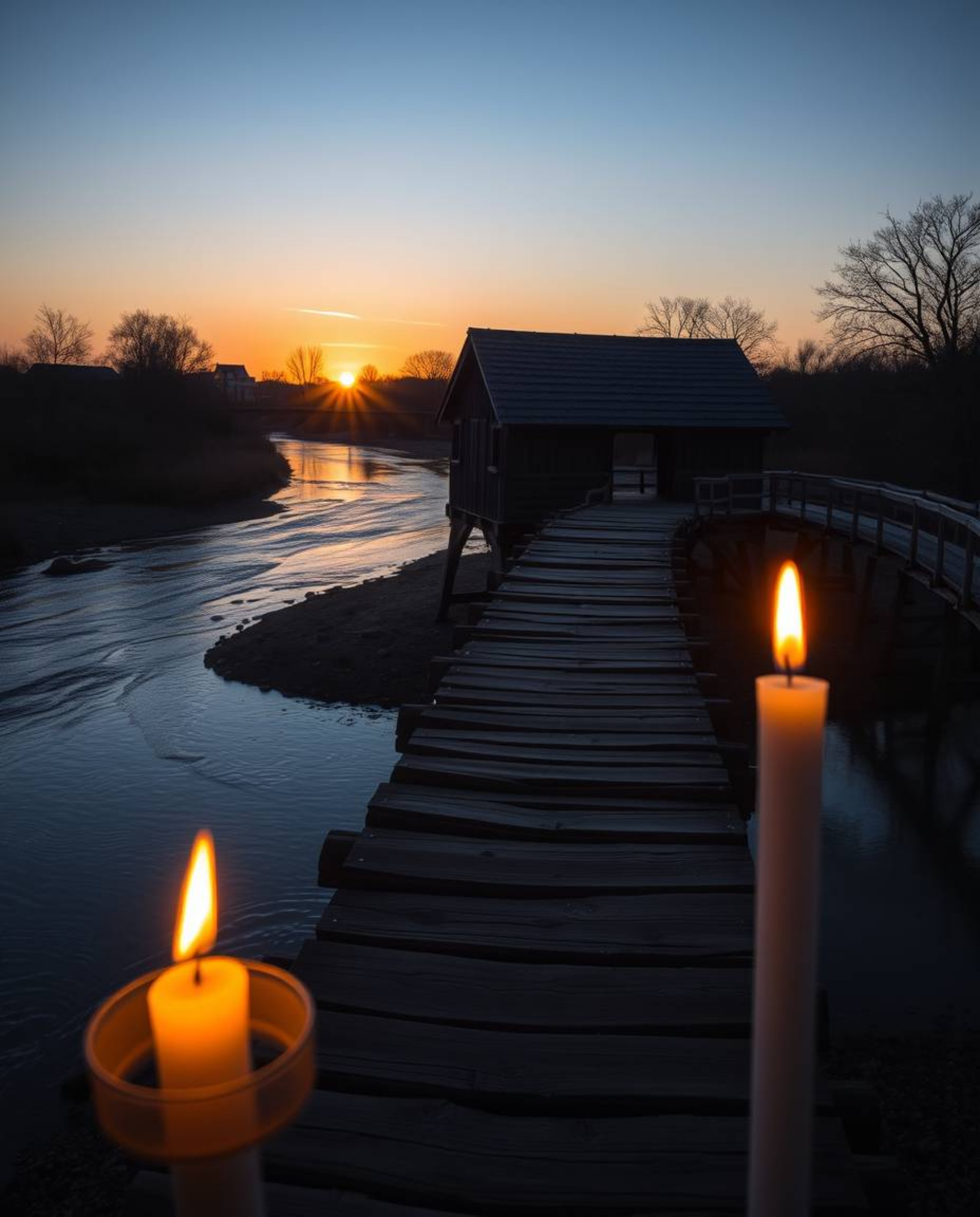 A high-resolution photograph of an old wooden bridge spanning a river at sunset. The scene is beautifully illuminated by flic