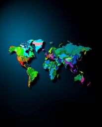 This artwork features a world map created from bright, colorful splashes, rendered in a creative abstract style. The piece is