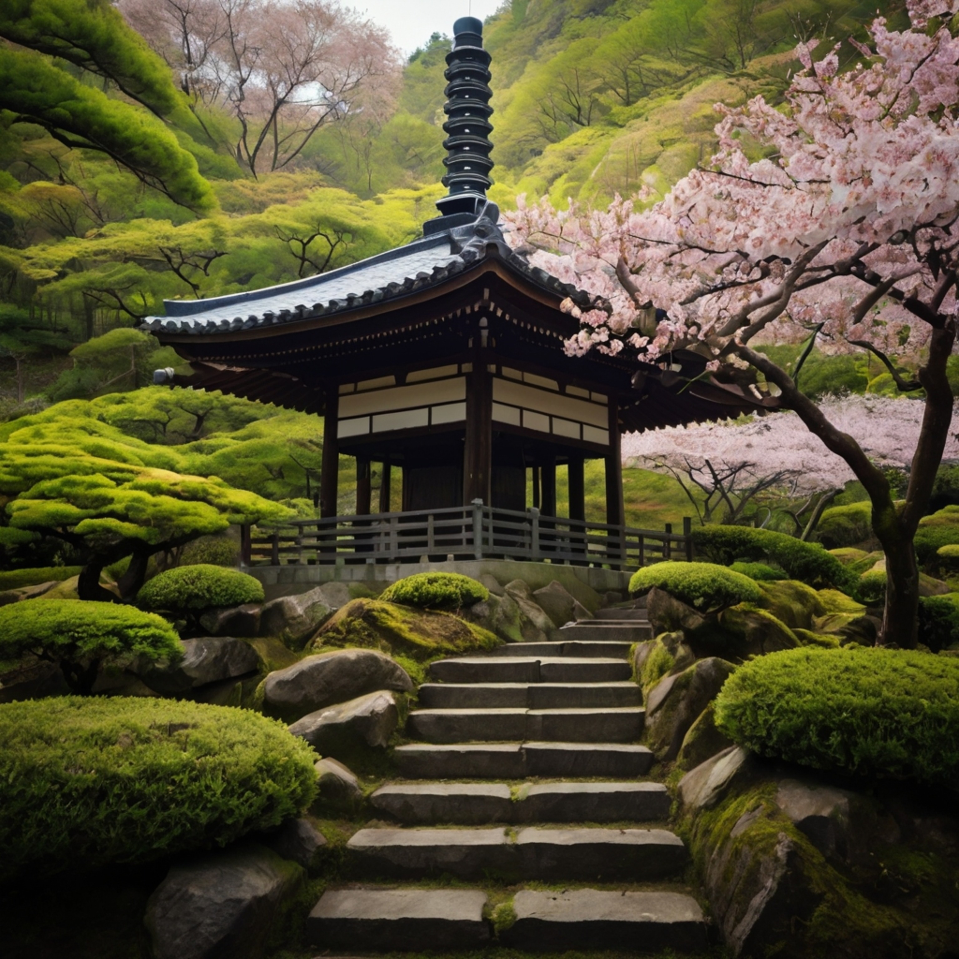 A serene image of a traditional Japanese pagoda rising gracefully from a vibrant green forest, accentuated by the delicate be