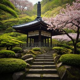 A serene image of a traditional Japanese pagoda rising gracefully from a vibrant green forest, accentuated by the delicate be
