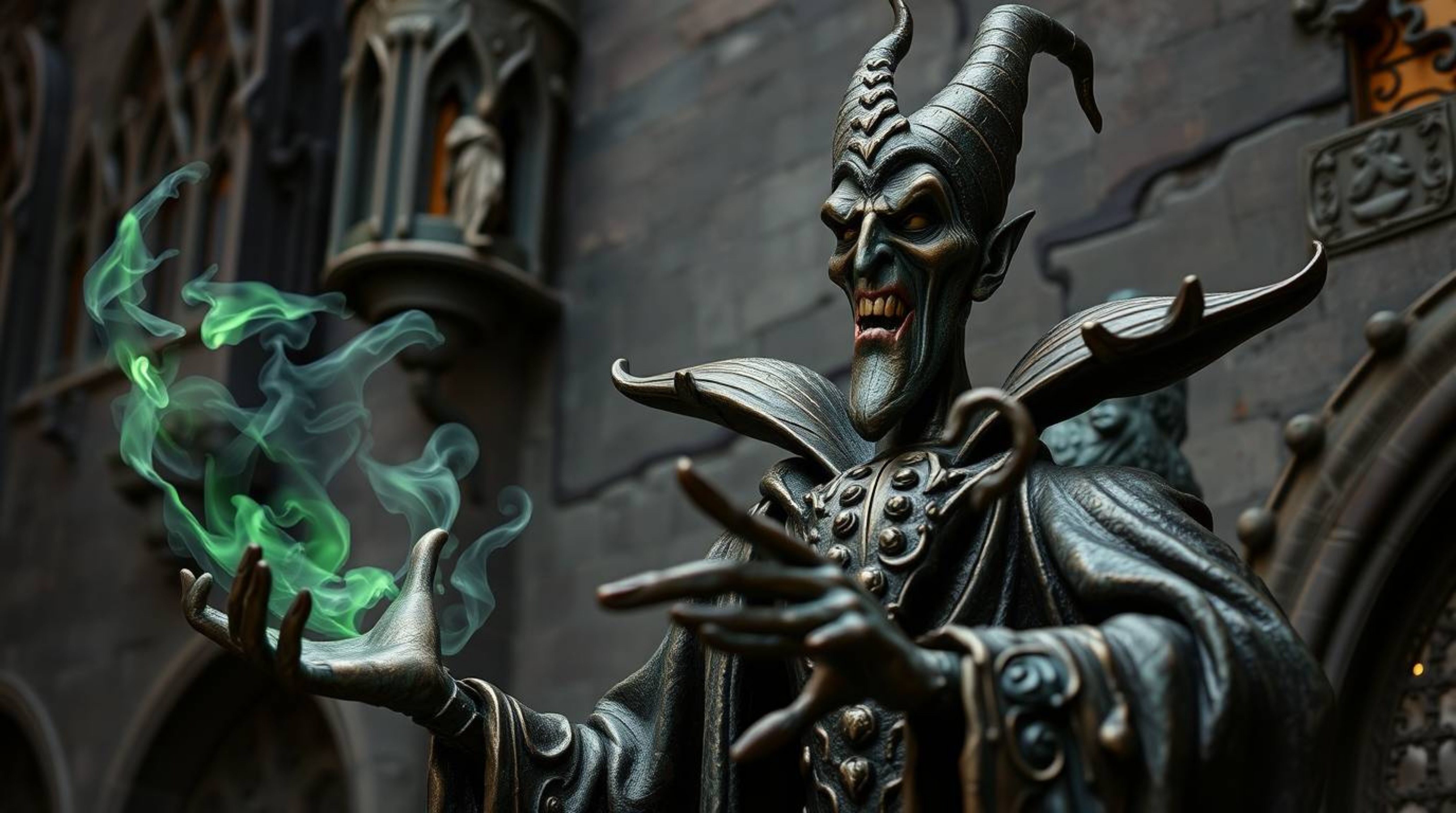 This stunning cast bronze sculpture depicts a classic Disney villain casting a spell within the walls of an old castle. Intr