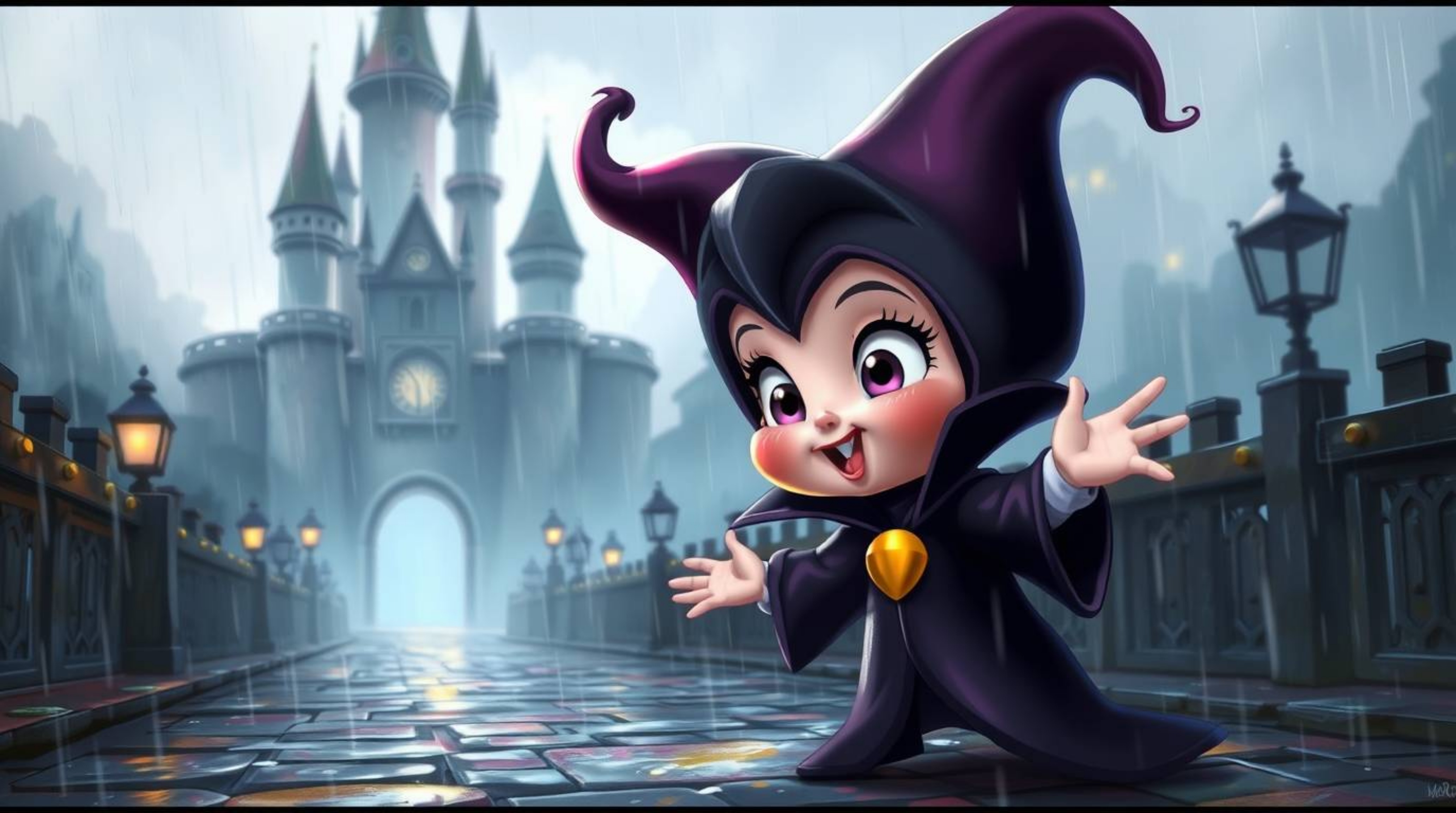 A captivating digital painting showcases an adorable Disney villain with rosy cheeks and expressive eyes, casting a spell wit