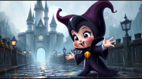 A captivating digital painting showcases an adorable Disney villain with rosy cheeks and expressive eyes, casting a spell wit