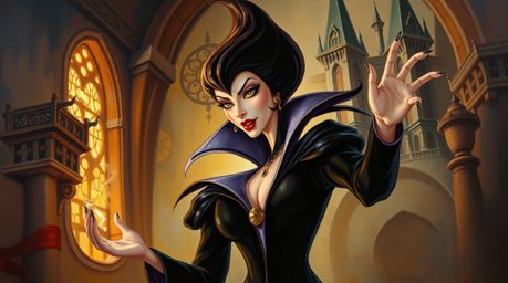 A captivating oil painting depicts a graceful and elegant classic Disney villain casting a spell within a grand old castle.