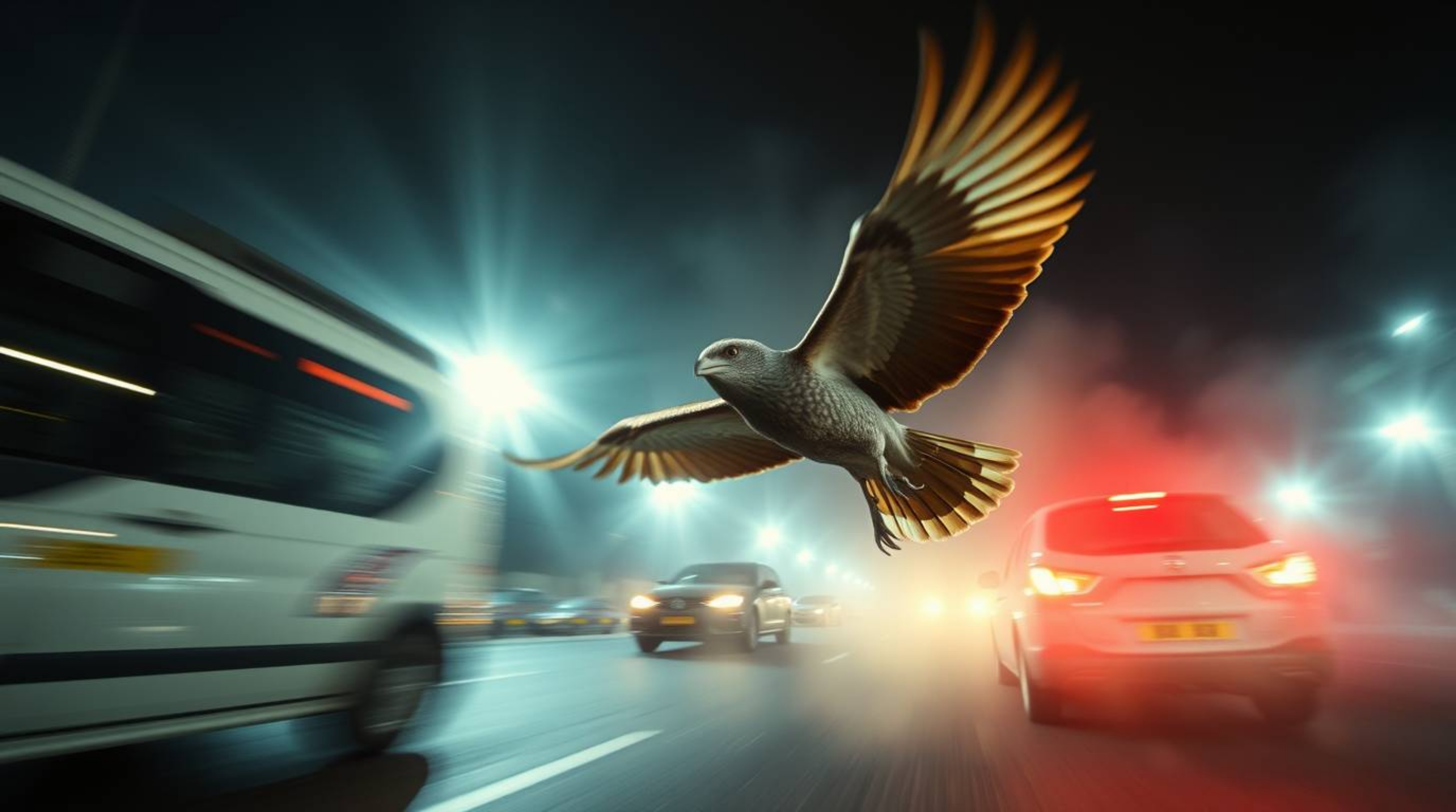 Experience the thrill of a fast-running bird zooming past traffic in a dynamic low-angle perspective.  This image utilizes vo