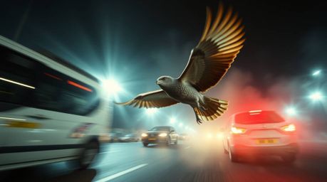 Experience the thrill of a fast-running bird zooming past traffic in a dynamic low-angle perspective.  This image utilizes vo