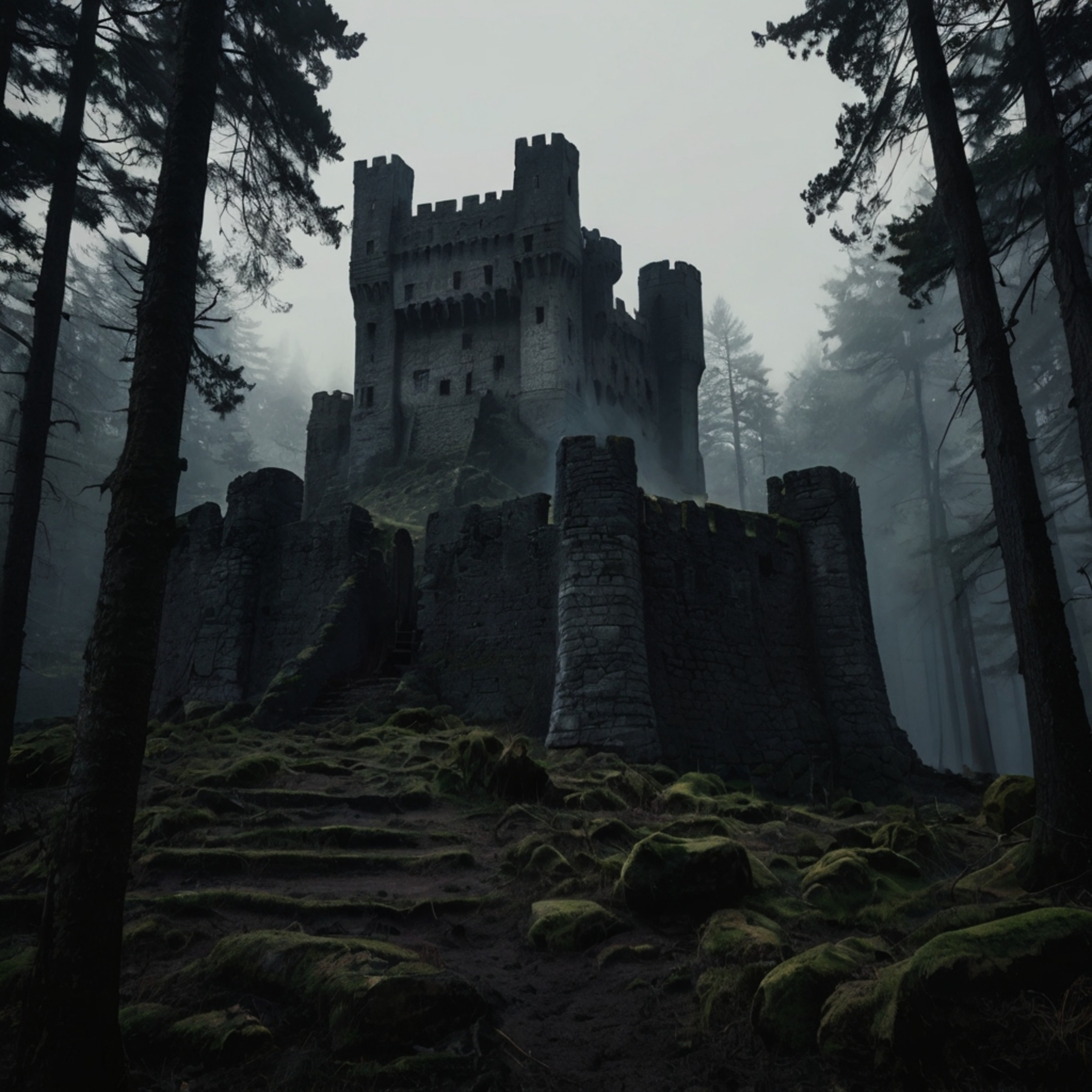 A captivating charcoal sketch depicts an ancient castle shrouded in mystery. Surrounded by a dark and misty forest, the artwo