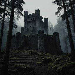 A captivating charcoal sketch depicts an ancient castle shrouded in mystery. Surrounded by a dark and misty forest, the artwo