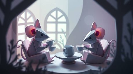 Immerse yourself in an ethereal spiritual vibe with an intricate origami-style illustration featuring anthropomorphic mice en