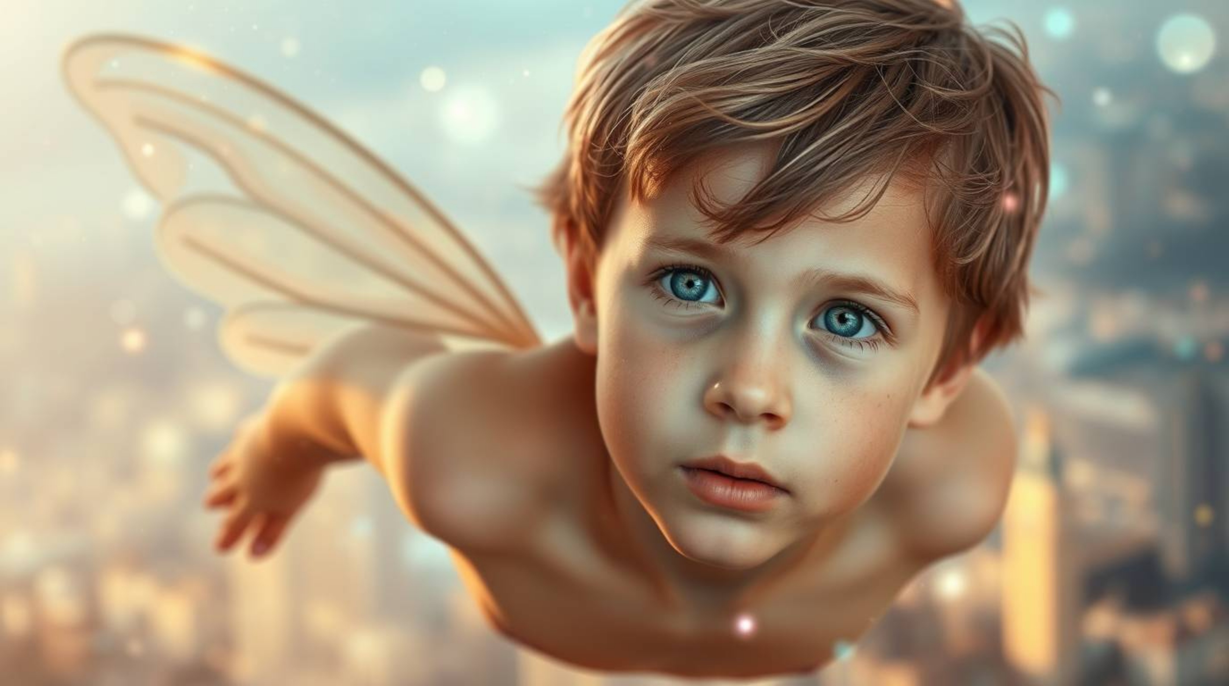 A captivating image depicts a young boy with fair skin and light brown hair, surrounded by a radiant aura, soaring above Lond