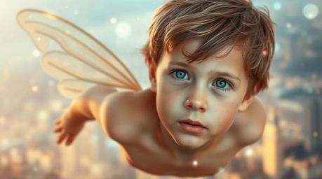 A captivating image depicts a young boy with fair skin and light brown hair, surrounded by a radiant aura, soaring above Lond