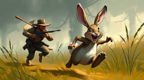 A dynamic digital sketch bursting with energy, depicting a wacky rabbit in a slapstick chase with a hunter. The scene is rend
