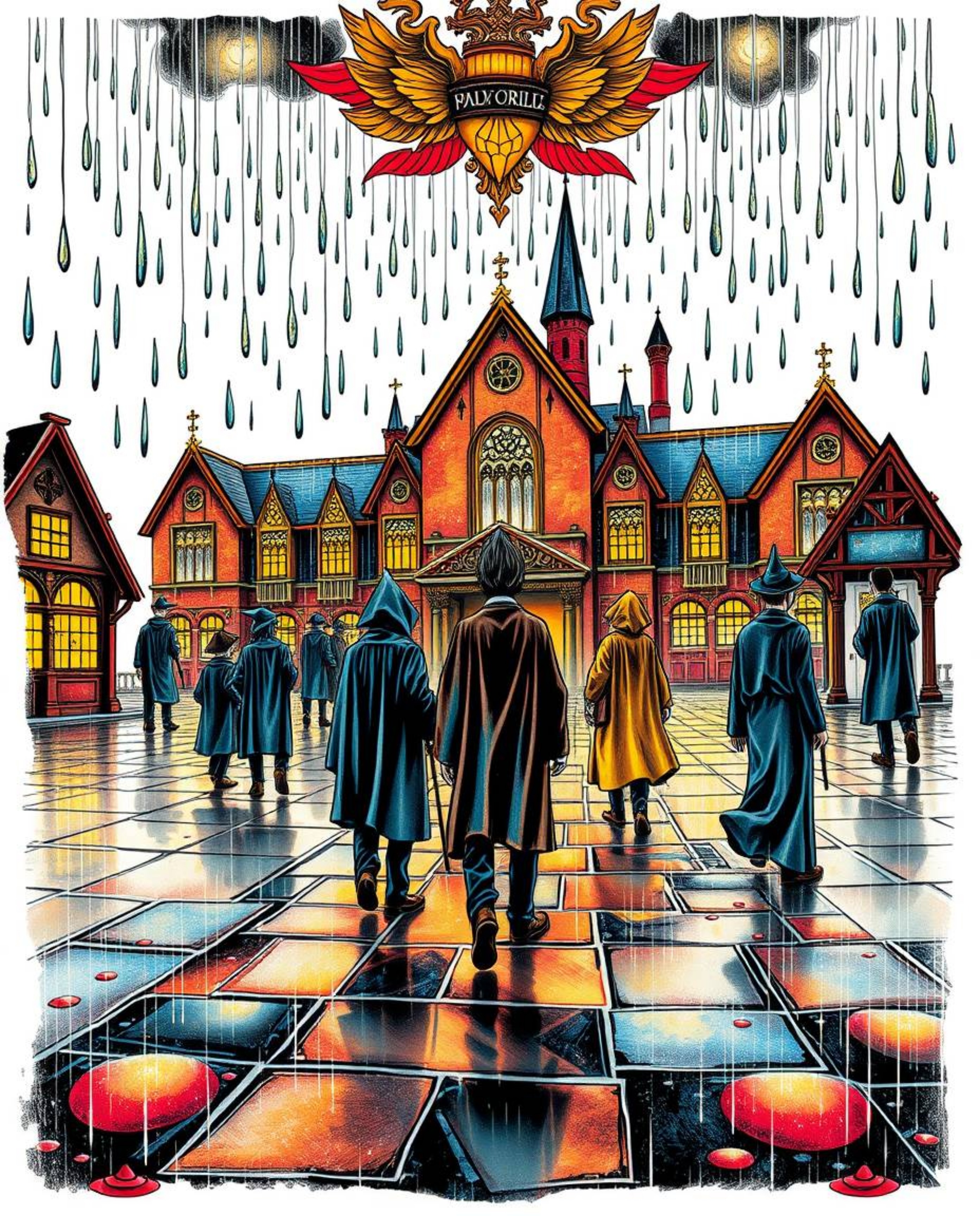 This symbolic traditional tattoo art print depicts a wet, rainy scene at a magical school bustling with young wizards. The dr