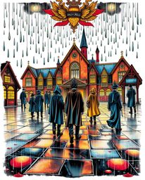 This symbolic traditional tattoo art print depicts a wet, rainy scene at a magical school bustling with young wizards. The dr