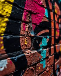 An extreme macro close-up reveals vibrant, graffiti-style colorful splashes on a textured brick wall.  Intense jet black cont