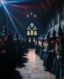 Explore a magical school brimming with young wizards, captured in a strong moody style with vibrant colors, striking lens fla
