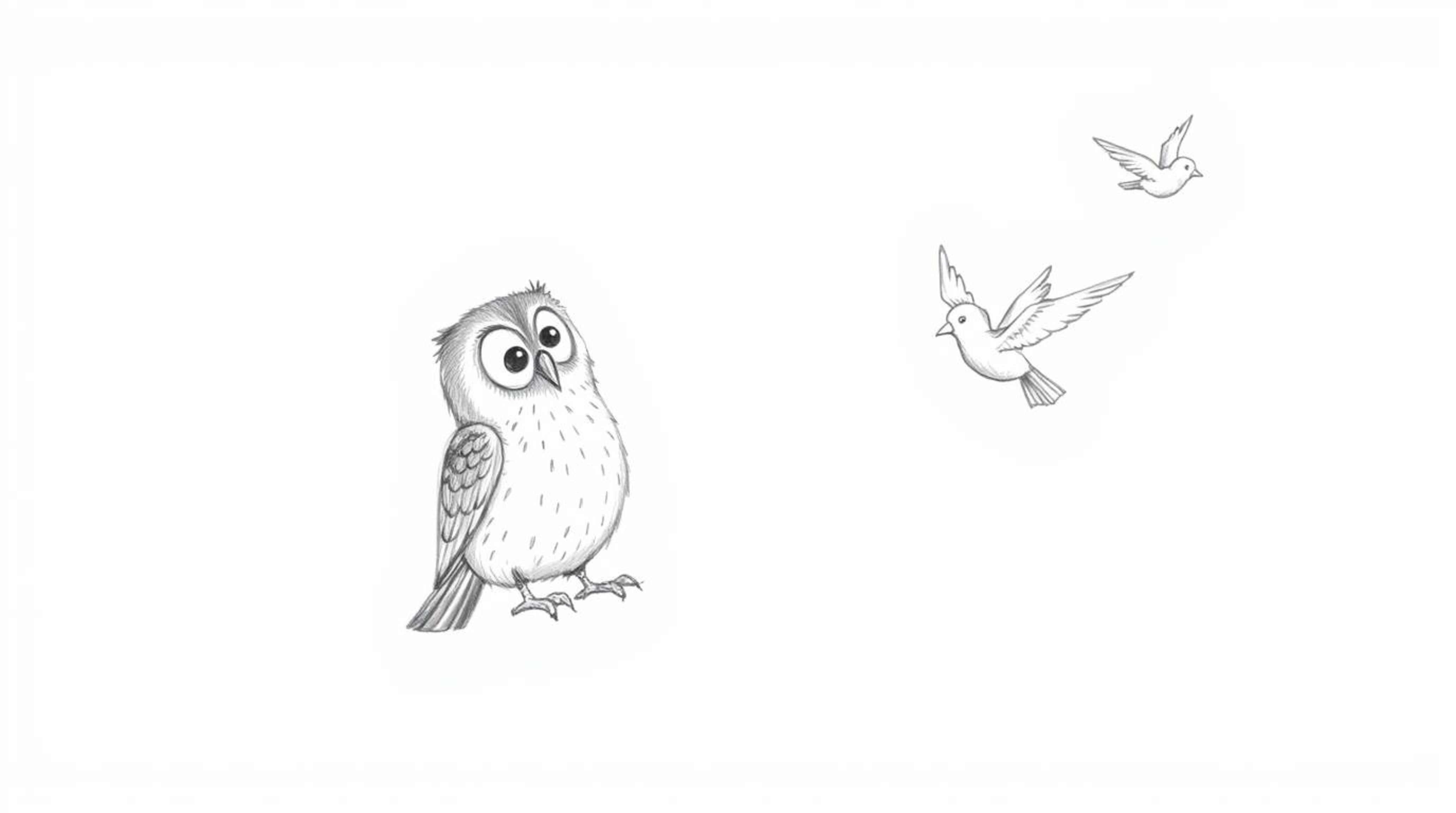 A charming, hand-drawn sketch in the style of Pixar depicts a blind owl ingeniously teaching birds to fly. Using wind chimes 