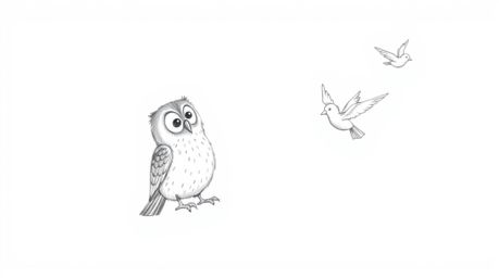 A charming, hand-drawn sketch in the style of Pixar depicts a blind owl ingeniously teaching birds to fly. Using wind chimes 