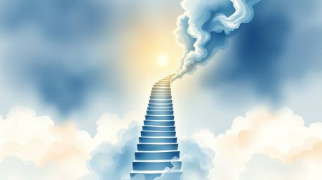 This delicate watercolor painting depicts an adorable and charming winding stairway of smoke and light ascending into a vast,