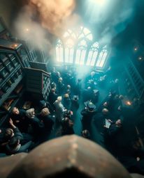 Immerse yourself in a breathtaking bird's-eye view of a magical school teeming with young wizards. Rendered in soft focus wit