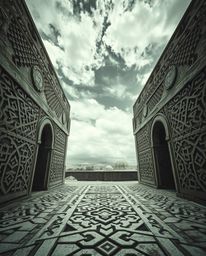 Explore a surreal infrared image capturing the intricate details of Islamic geometric patterns carved in stone. This photogra