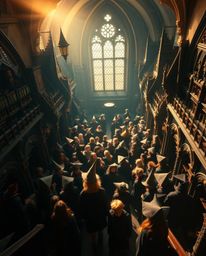 Experience the enchanting world of a magical school filled with young wizards from a captivating high-angle perspective. Bask