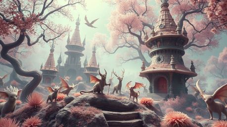 Explore a breathtaking fantasy kingdom brimming with quirky magical creatures and an ethereal spiritual vibe. Imbued with sur