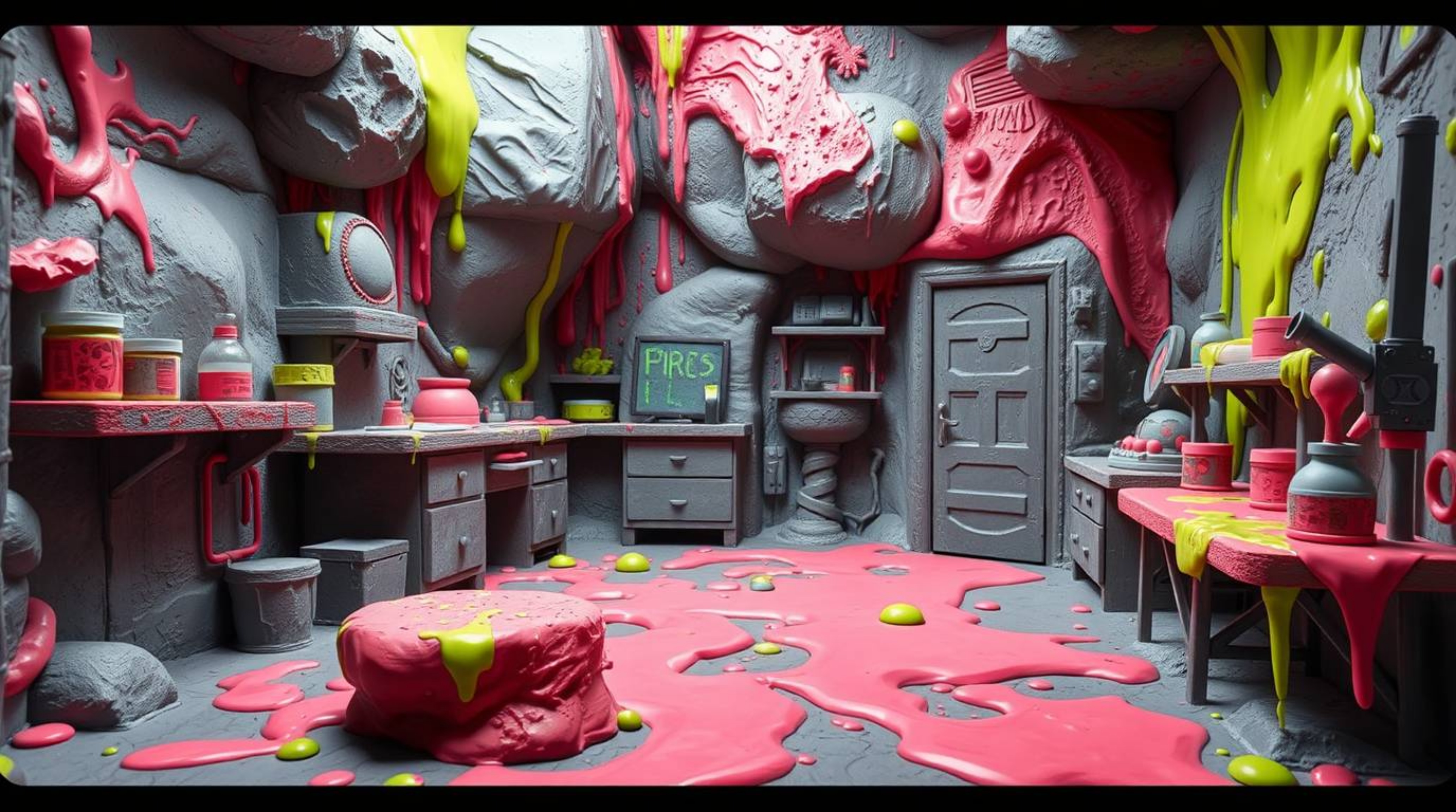 This mesmerizing artwork depicts a slime-covered science lab meticulously sculpted in clay. The piece showcases modeled shape