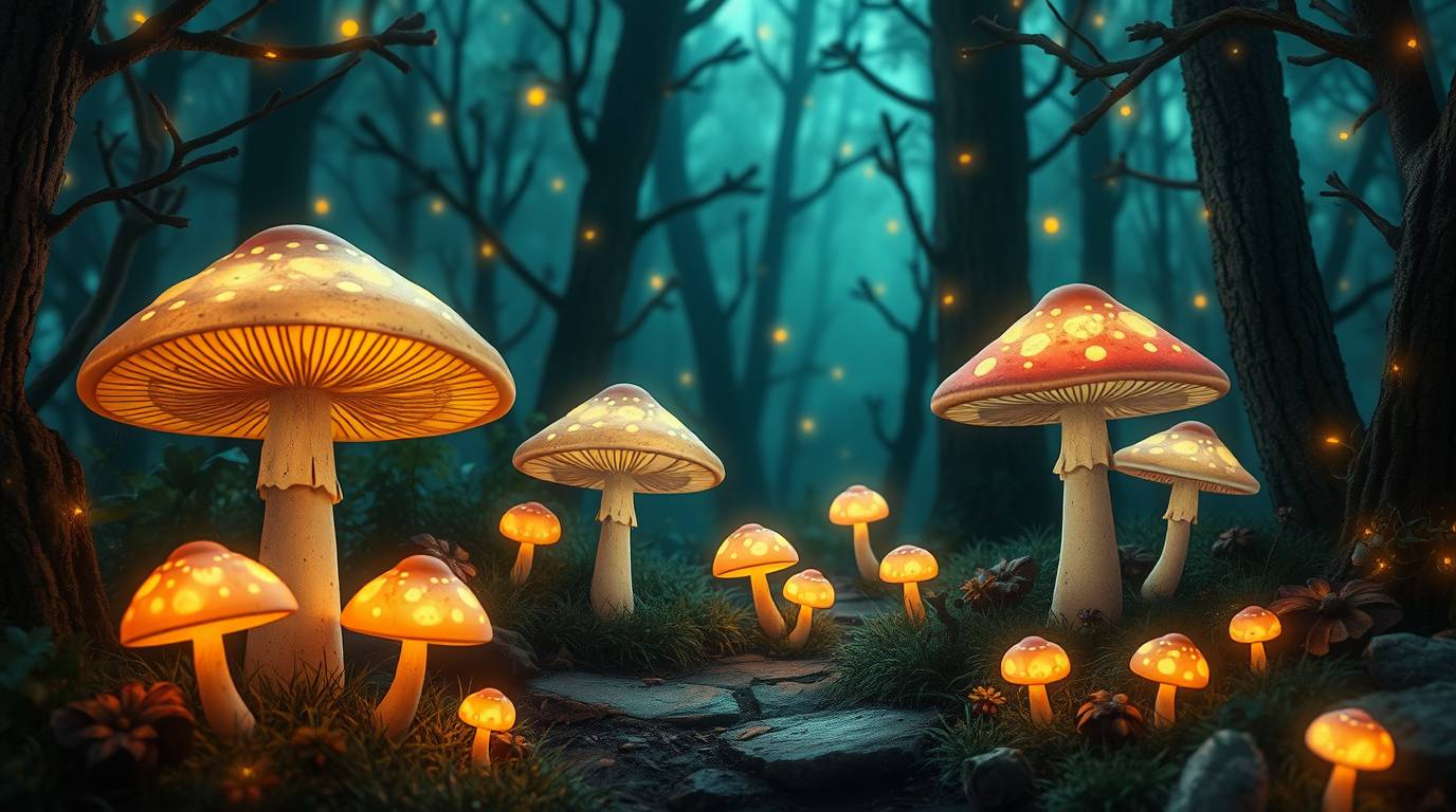 Immerse yourself in an adorable, vintage-style enchanted forest filled with glowing mushrooms and natural bioluminescent colo