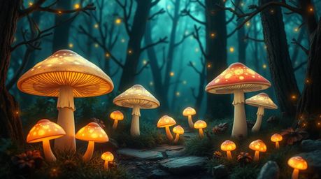 Immerse yourself in an adorable, vintage-style enchanted forest filled with glowing mushrooms and natural bioluminescent colo