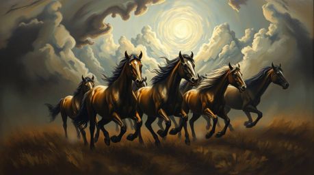 This classic oil painting captures a herd of wild horses running beneath a glowing sky, creating an unsettling and eerie atmo