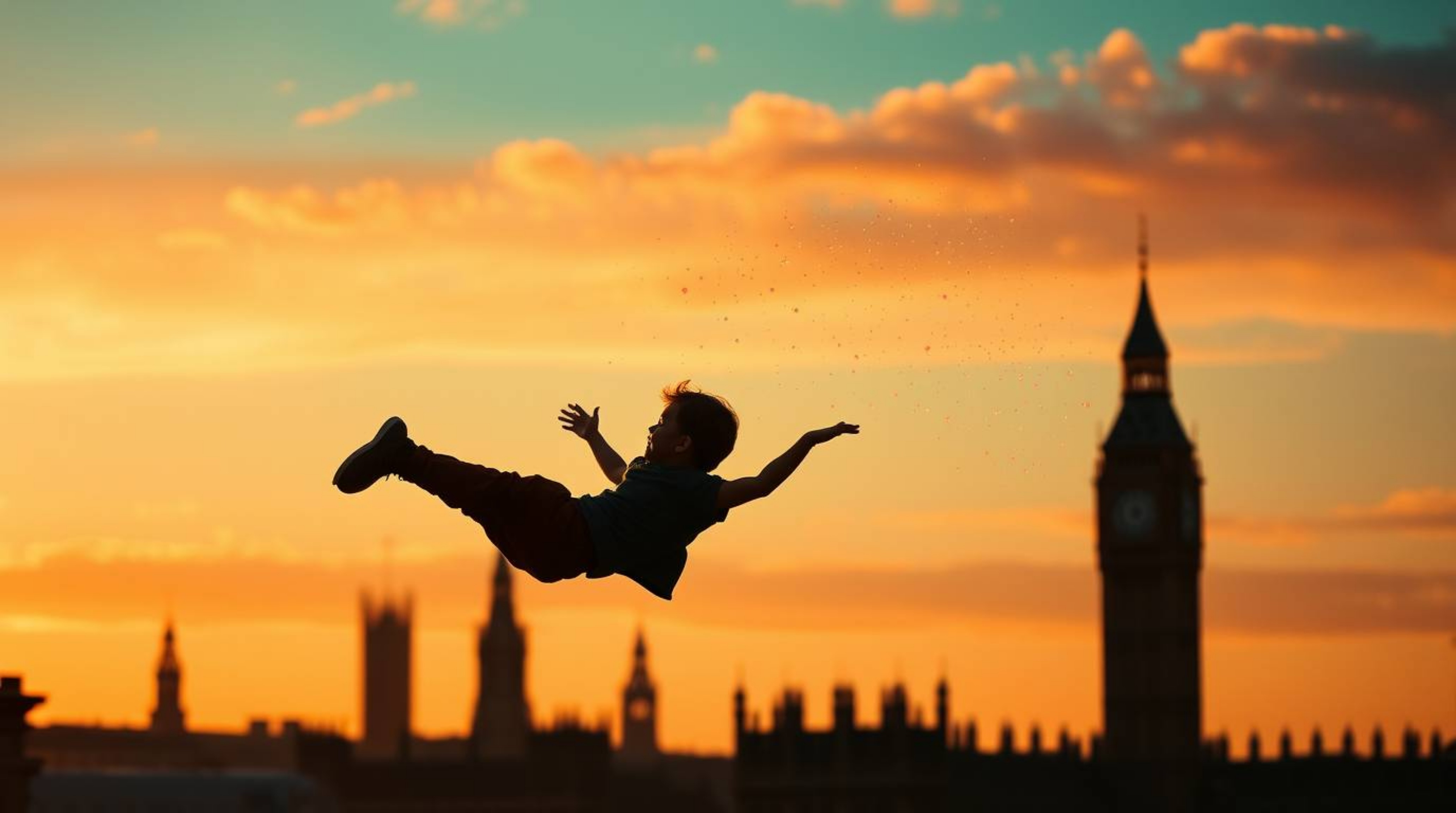 A young boy silhouetted against a captivating warm terracotta and cool teal sky soars above London, powered by magical pixie 
