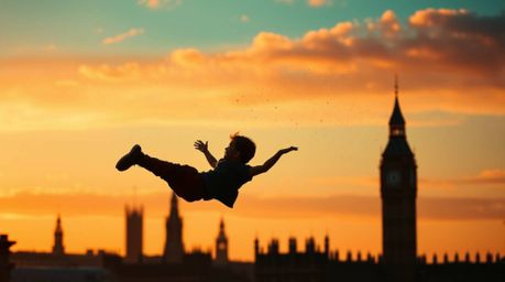 A young boy silhouetted against a captivating warm terracotta and cool teal sky soars above London, powered by magical pixie 