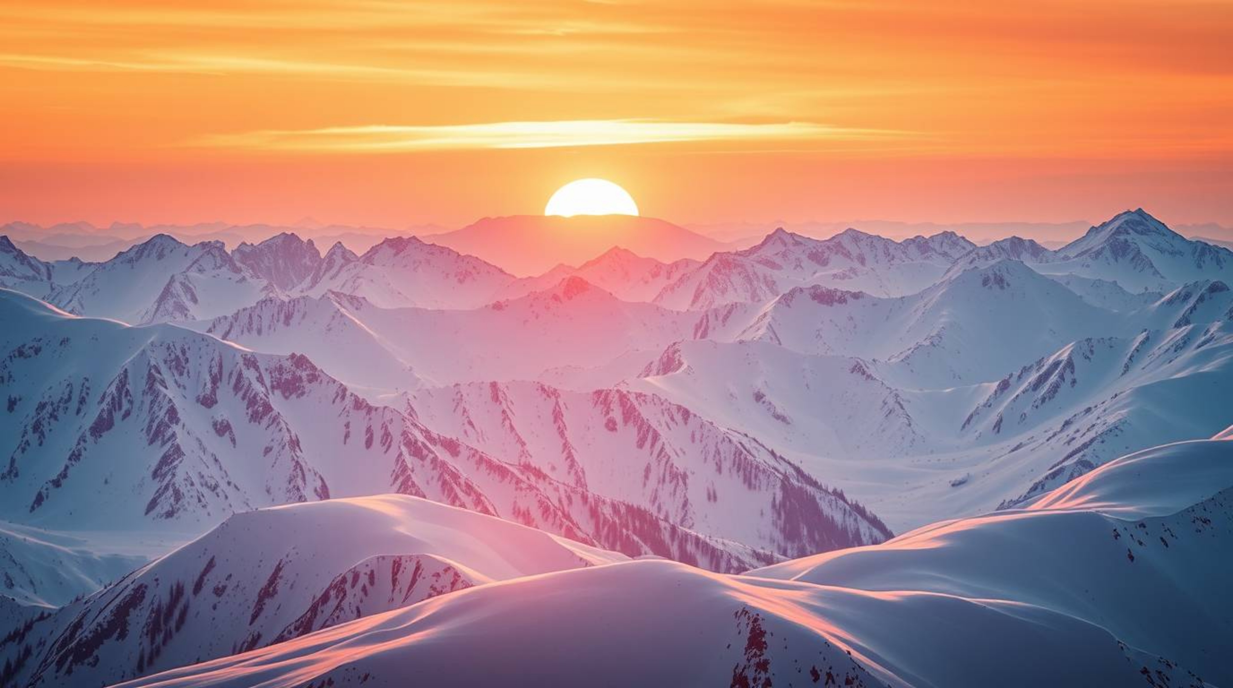 A breathtaking photograph captures snow-covered mountains bathed in the warm, luxurious glow of a pastel sunset.  The radiant