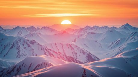 A breathtaking photograph captures snow-covered mountains bathed in the warm, luxurious glow of a pastel sunset.  The radiant