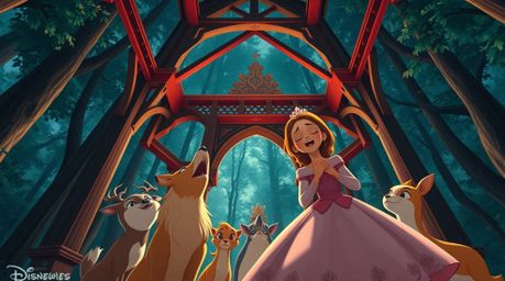 Experience the magic of a princess serenading forest creatures in a captivating vintage 2D animation. This architectural colo