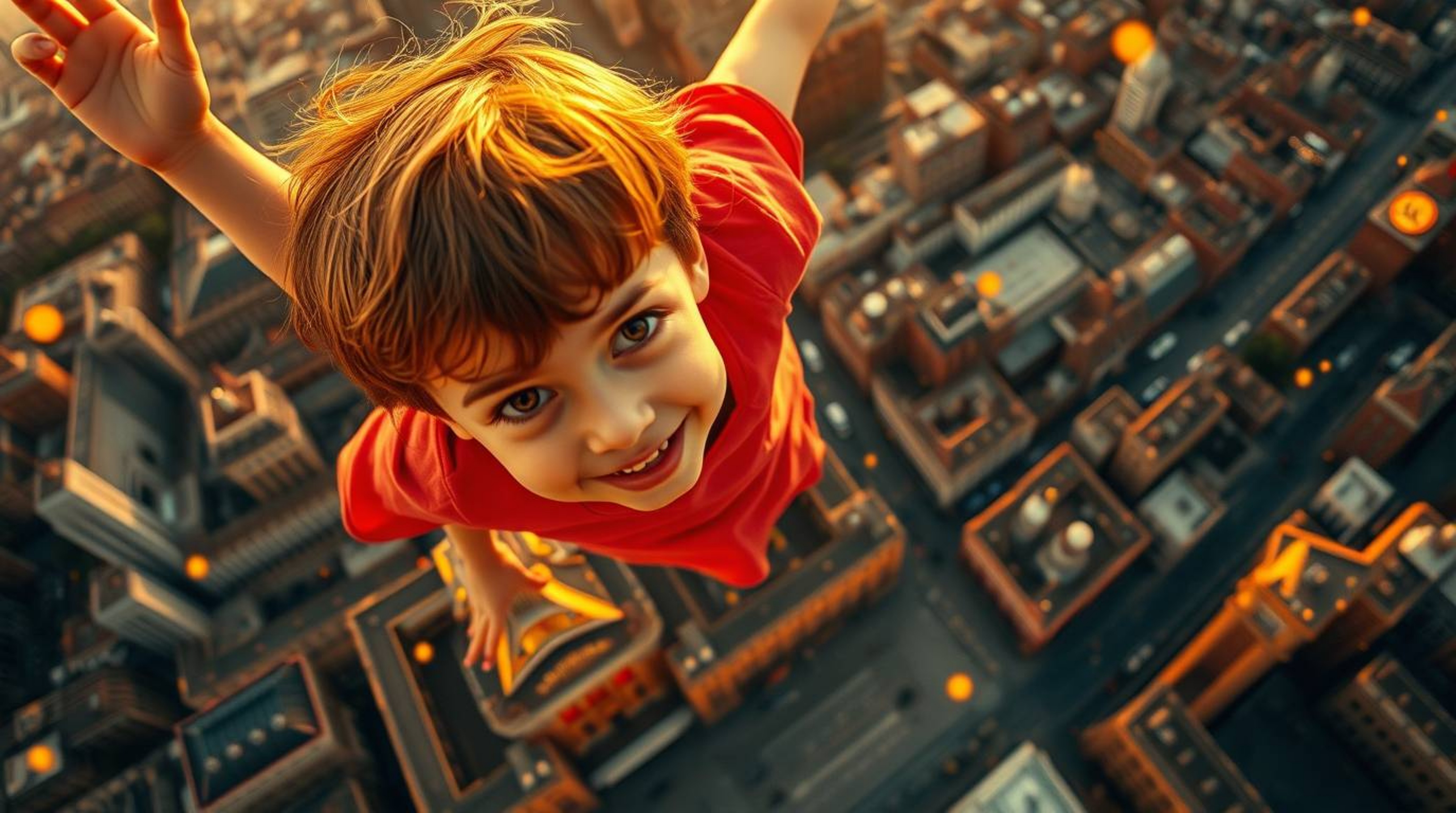 A captivating image depicting a young boy with sun-kissed skin soaring above the iconic London cityscape, sprinkled with gold