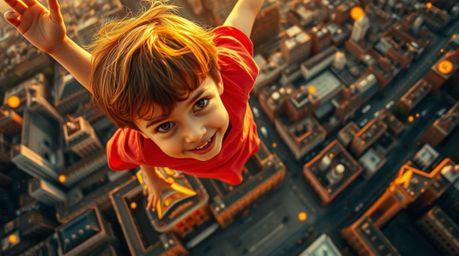 A captivating image depicting a young boy with sun-kissed skin soaring above the iconic London cityscape, sprinkled with gold