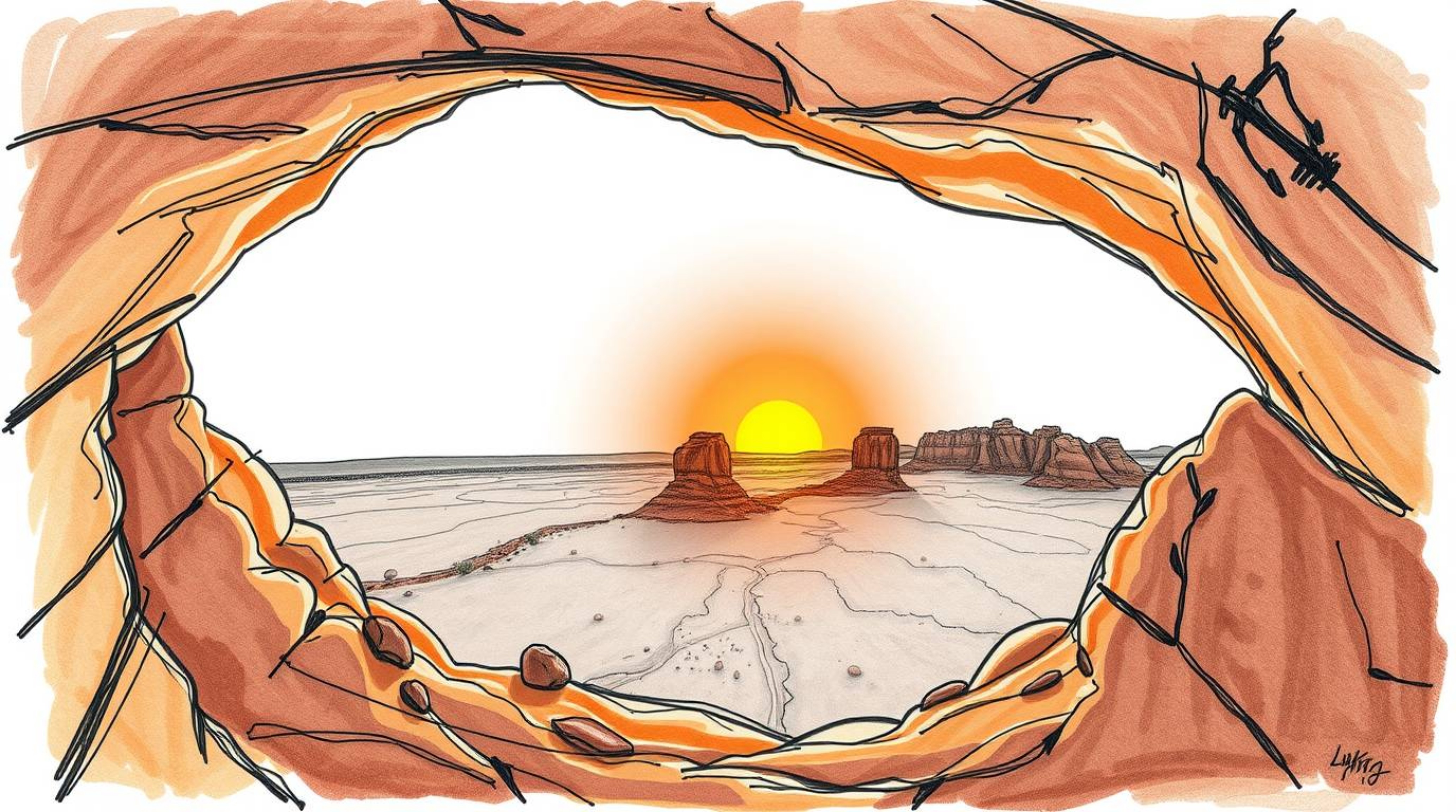Explore stunning hand-drawn color sketchnotes capturing a mesmerizing desert sunset framed by a natural rock arch. Experience